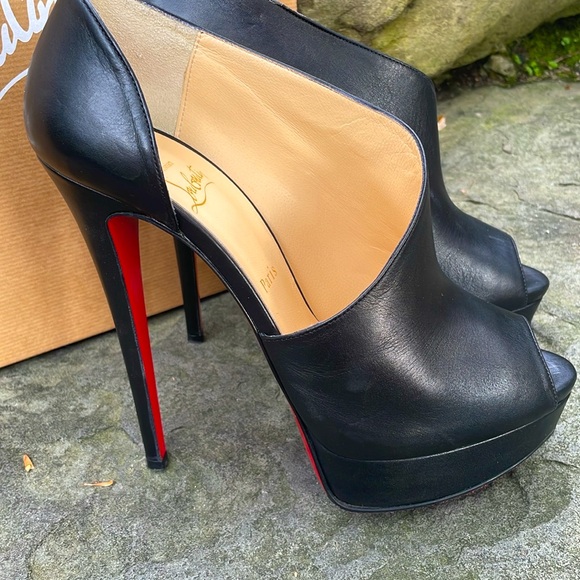 CHRISTIAN LOUBOUTIN VERITA BLACK LEATHER 6” STILLETTO HEEL PEEP TOE PUMPS🔥👠-9 - Picture 9 of 15